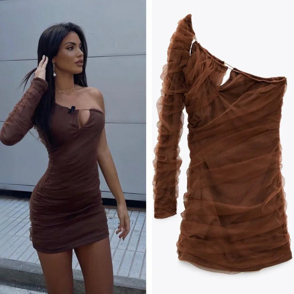 Zara Cut Out Tulle One Sleeve Mini  Dress Brown Size Small - Picture 1 of 12
